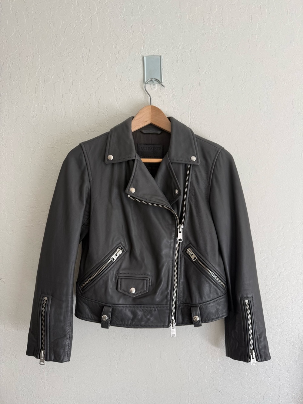 AllSaints Grey Leather Biker Jacket Size 4